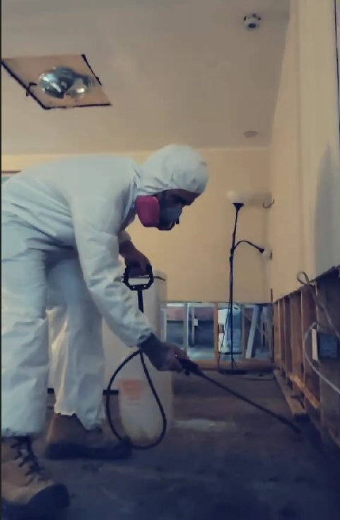 Technicien appliquant un traitement antifongique certifié sur la structure de bois après une décontamination de moisissures suite à une inondation.